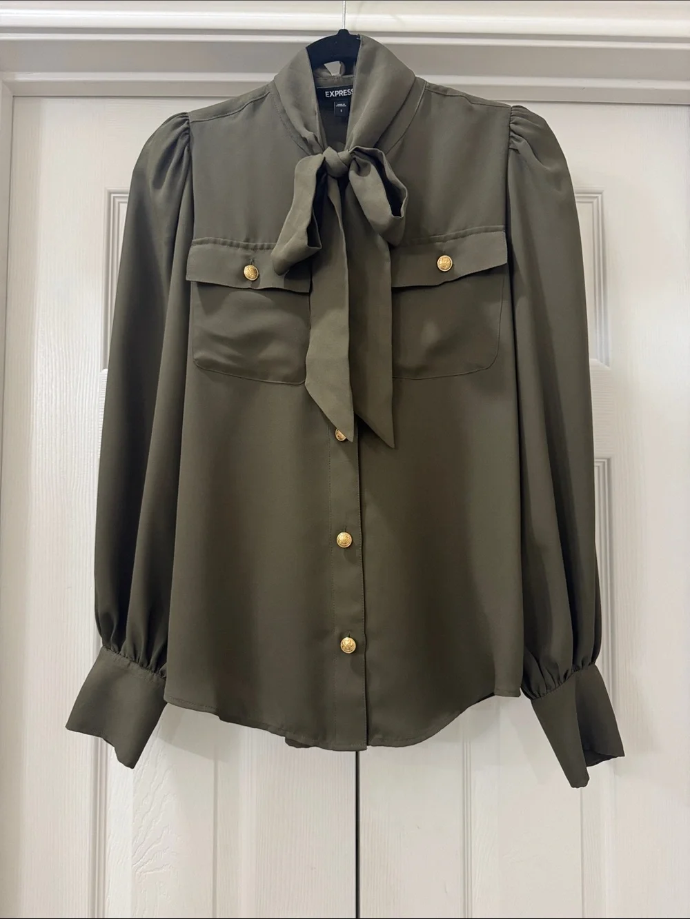 Express Olive Green Tie-Neck Blouse with Gold Buttons - Picture 1 of 5